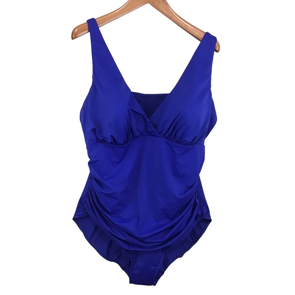 Trimshaper Womens Plus 24W Royal Blue Ruched Tummy Control One Piece Swimsuit